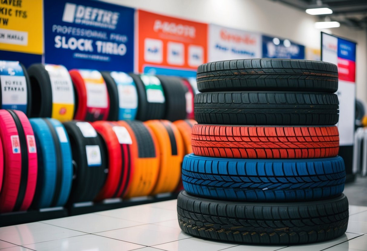 A stack of colorful tires displayed with promotional banners and signs