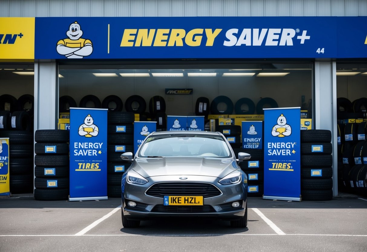A car parked in front of a tire store, with a prominent display of Michelin Energy Saver+ tires and promotional banners