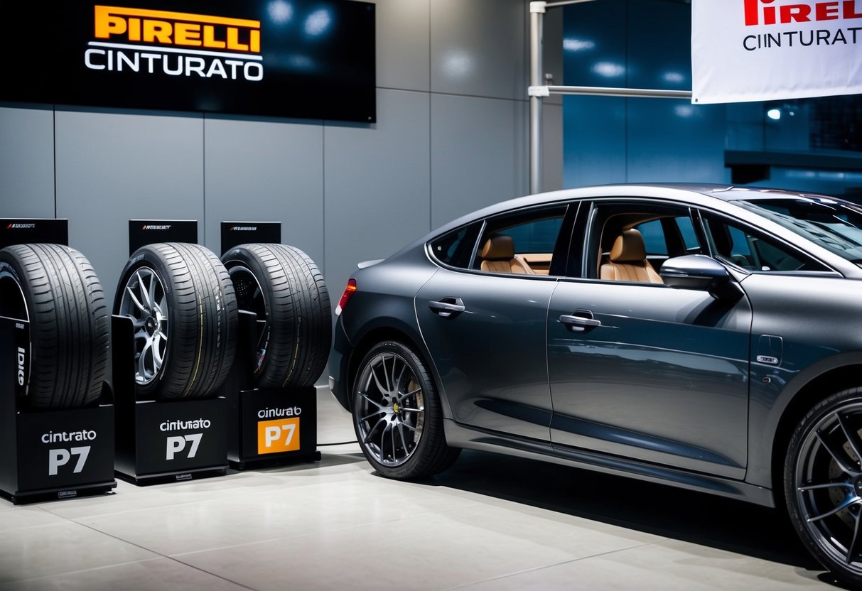 A sleek car parked next to a display of Pirelli Cinturato P7 tyres, with a promotional banner hanging above