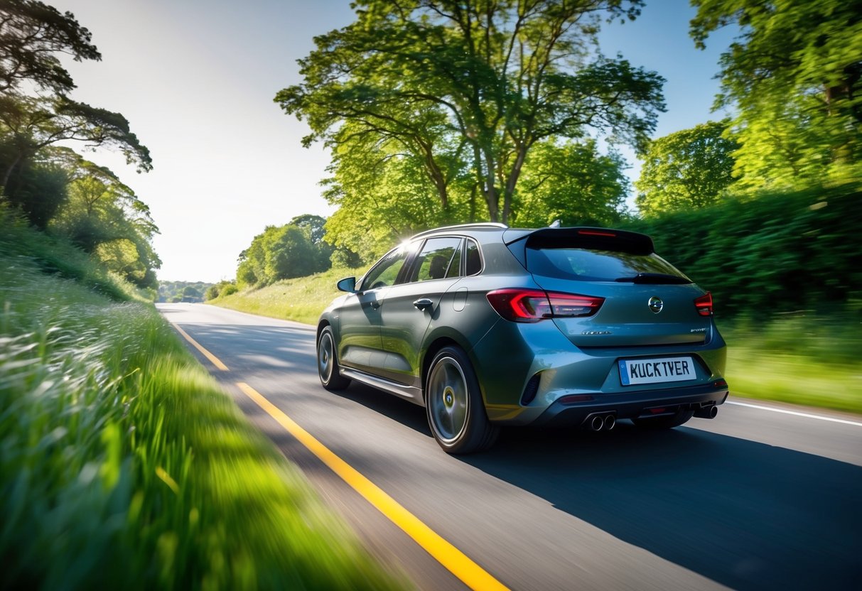 A car driving smoothly on a sunlit road, surrounded by lush greenery, with a prominent Goodyear EfficientGrip Performance tyre on the vehicle