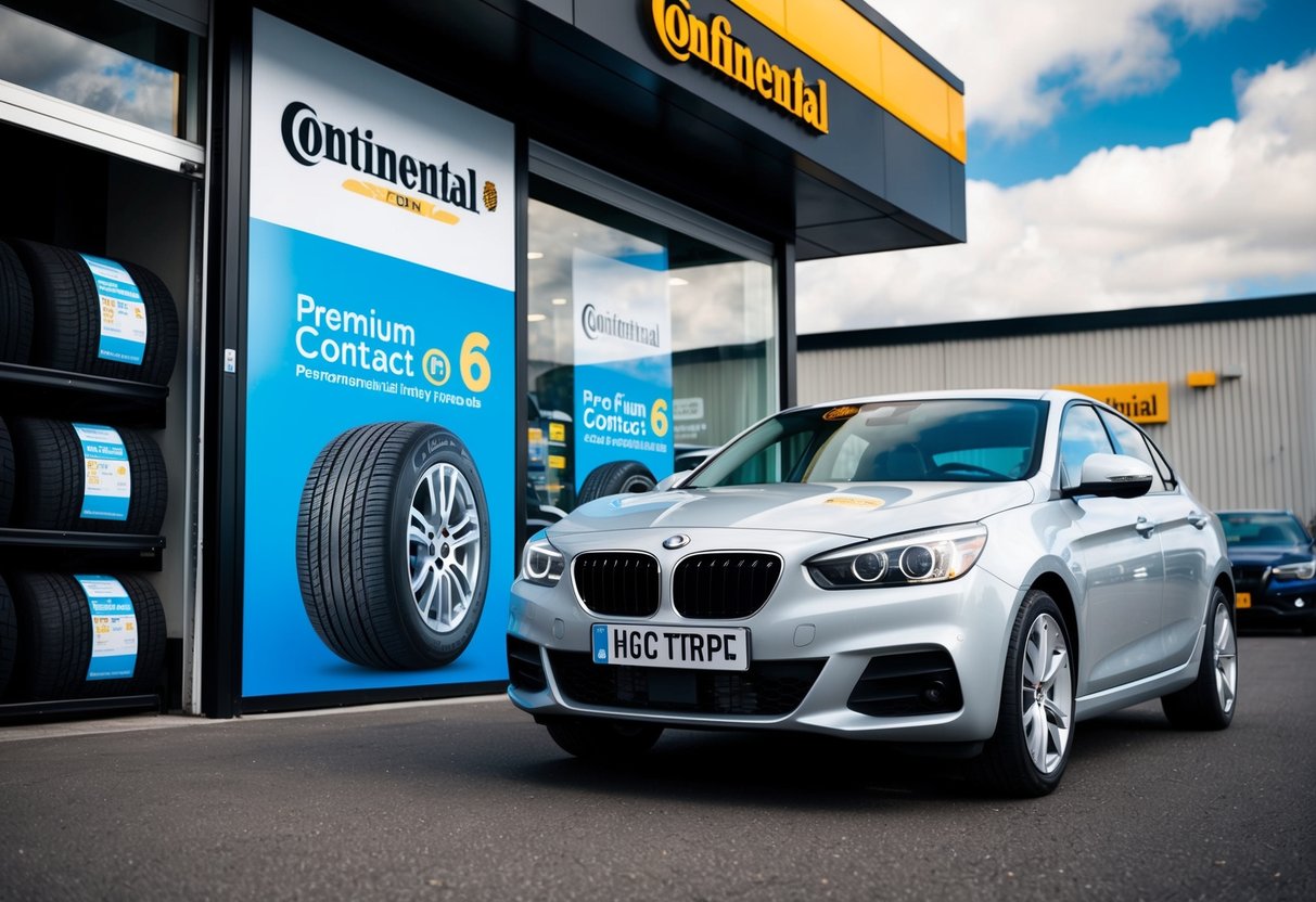 A car parked in front of a tire store with a large promotional banner for Continental PremiumContact 6 tires displayed on the storefront
