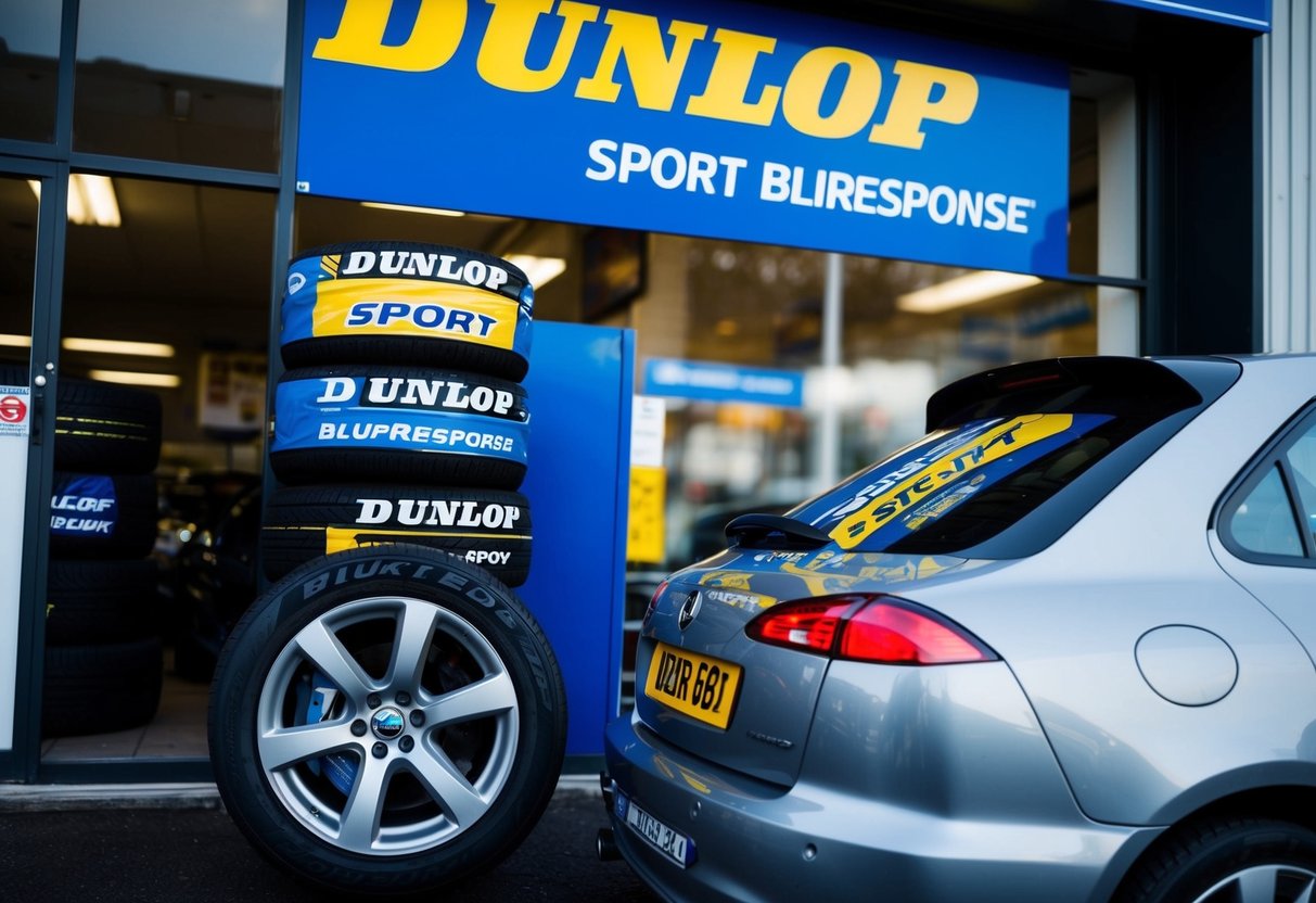 A car parked in front of a tire shop, with Dunlop Sport BluResponse tires displayed prominently in the window