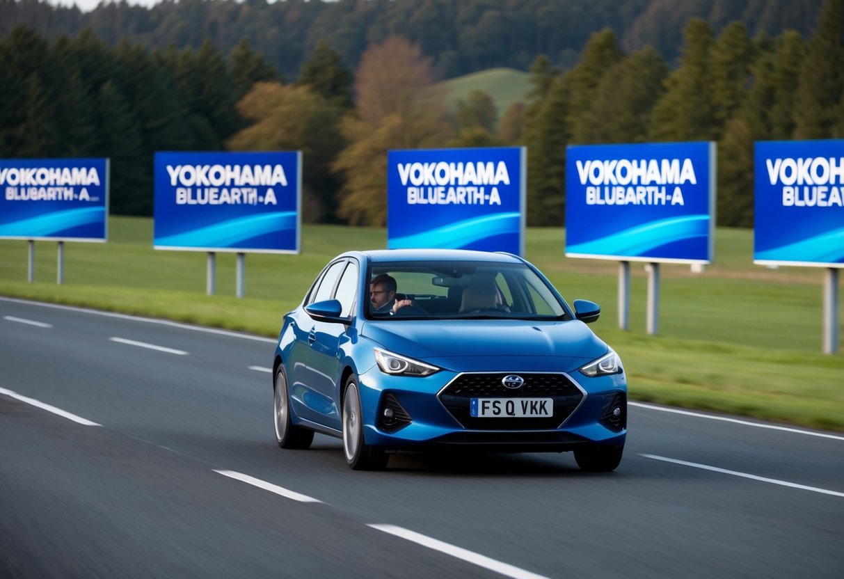 A car driving on a smooth road with Yokohama BluEarth-A tyre billboards in the background