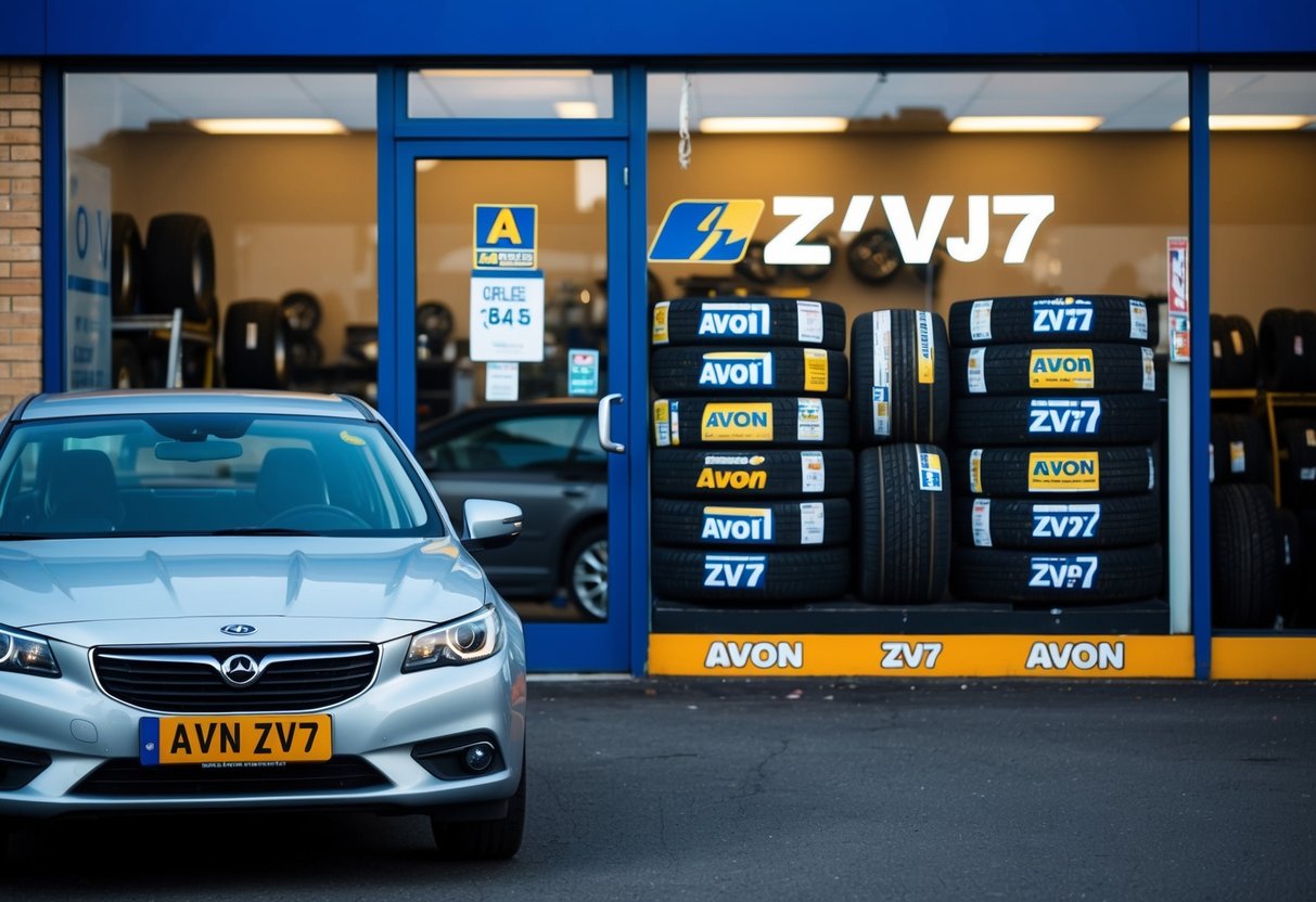 A car parked in front of a tire store with Avon ZV7 tires displayed prominently in the window