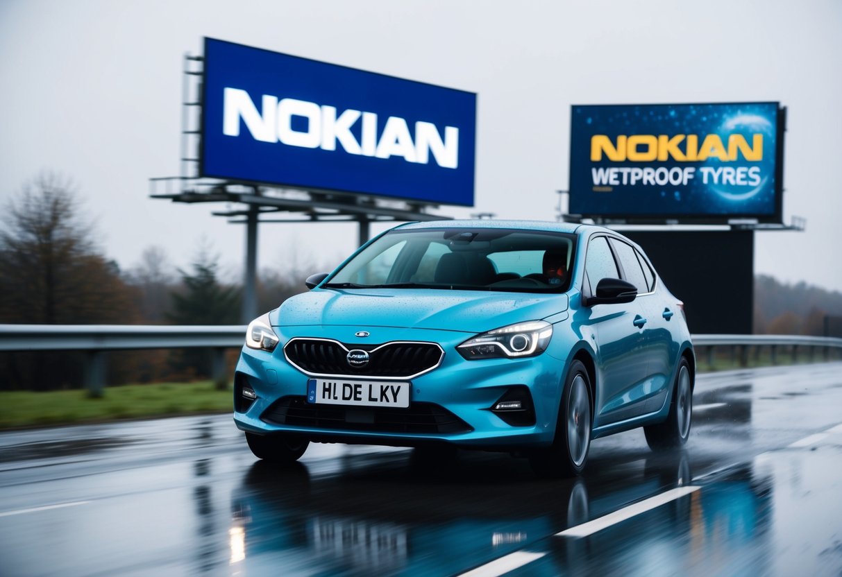 A car driving smoothly on a wet road, with Nokian Wetproof tires prominently displayed on a billboard in the background