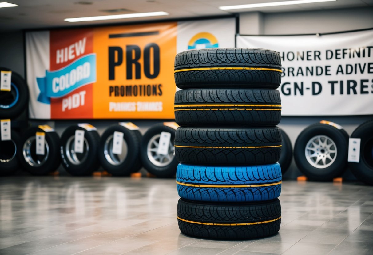 A stack of colorful, branded tires displayed in front of a banner advertising promotions