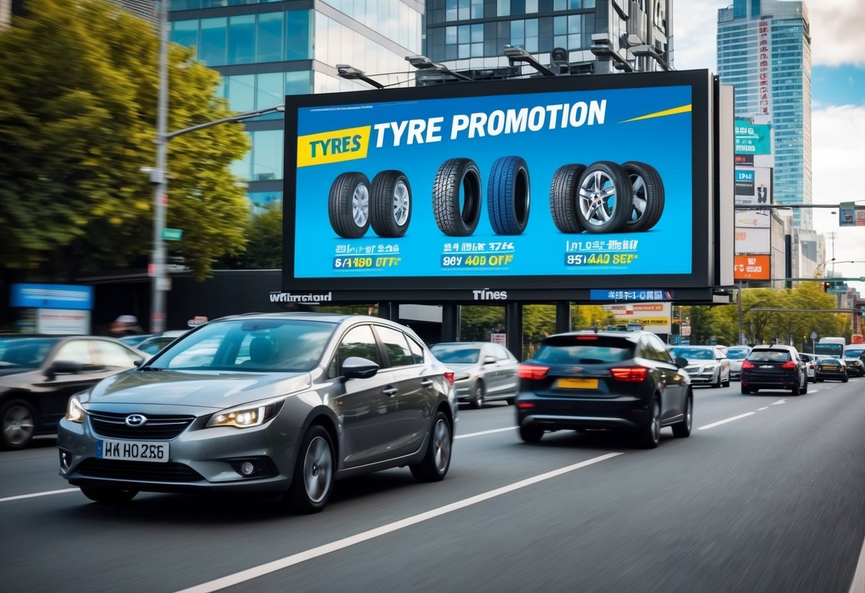 A car driving through a busy street, passing by a large billboard advertising a tyre promotion. The billboard displays various tyre brands and discounts
