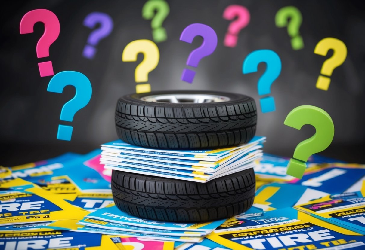 A stack of colorful tire flyers with bold text and logos, surrounded by question marks and exclamation points