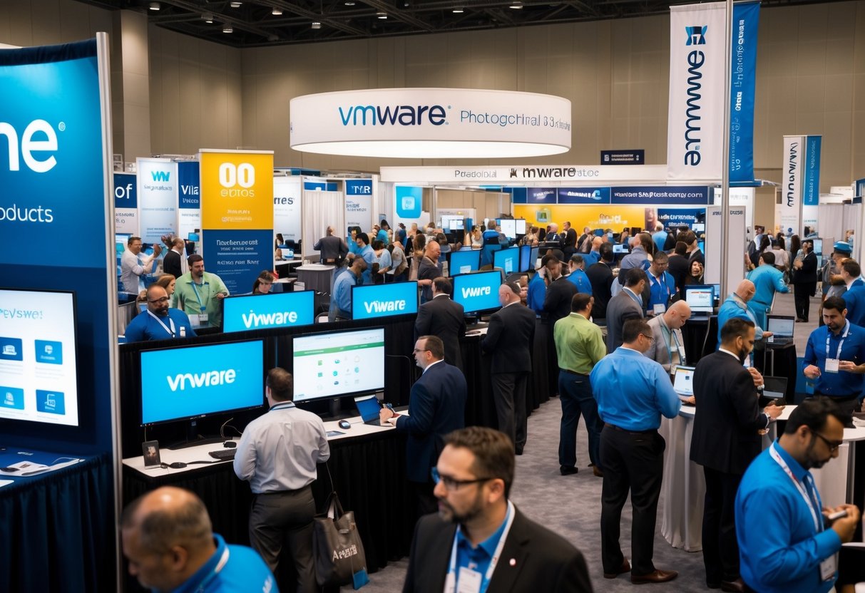 A bustling trade show booth with colorful banners, demo stations, and promotional materials for VMware products
