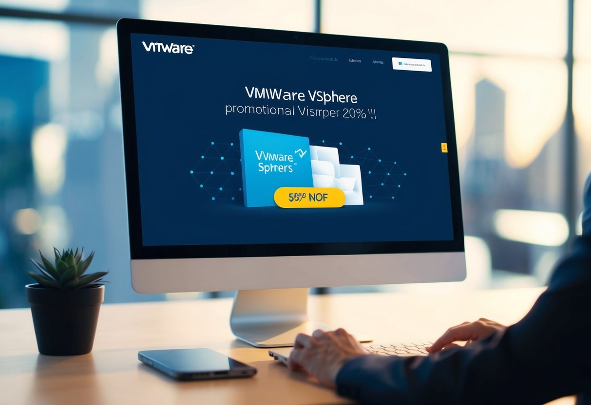 A computer screen displaying a promotional banner for VMware vSphere with a discount offer