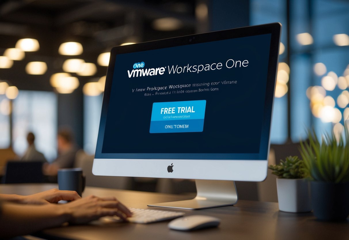 A computer screen displaying the VMware Workspace ONE Free Trial promotion