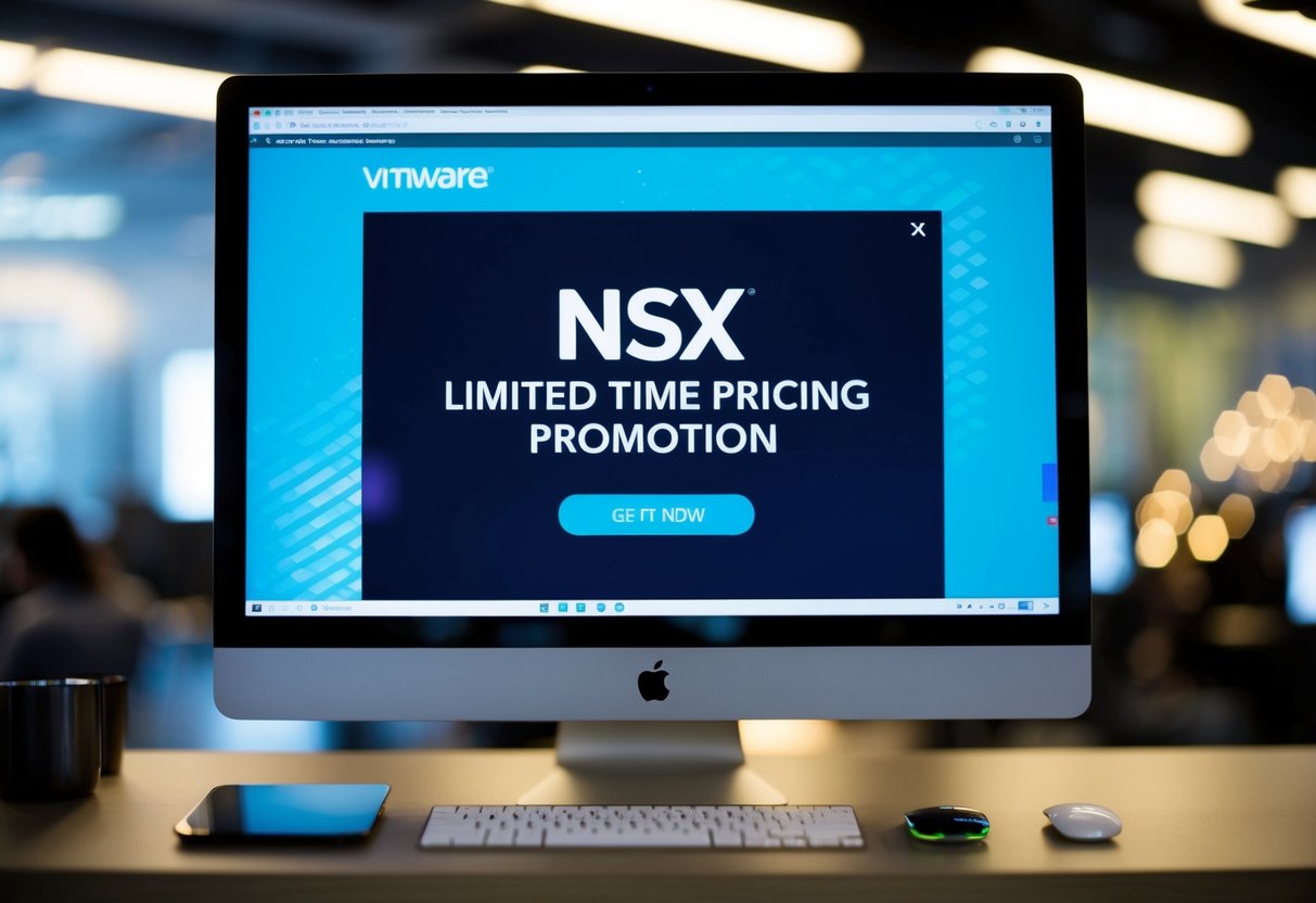 A computer screen displaying the VMware NSX Limited Time Pricing promotion with the VMware logo and promotional graphics