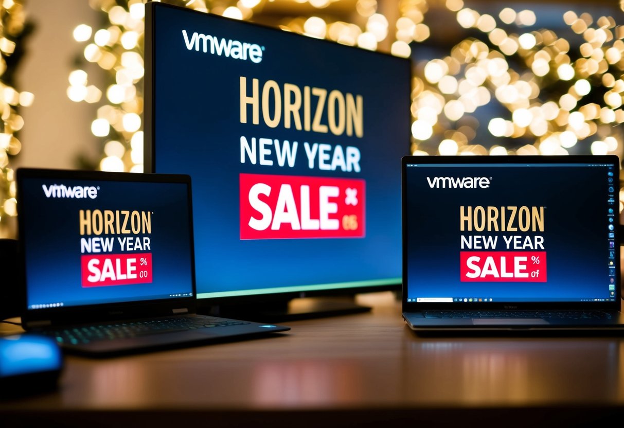 A festive display of virtual desktops with "VMware Horizon New Year Sale" promotions