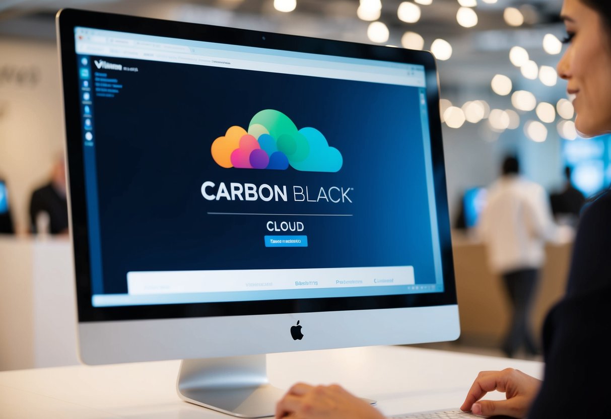 A computer screen displaying the VMware Carbon Black Cloud Promotion with a sleek, modern design and vibrant colors