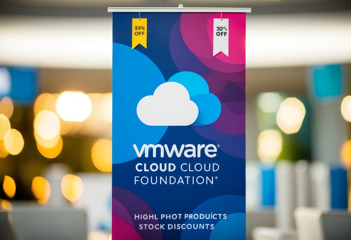 A colorful banner featuring VMware Cloud Foundation products with discount tags