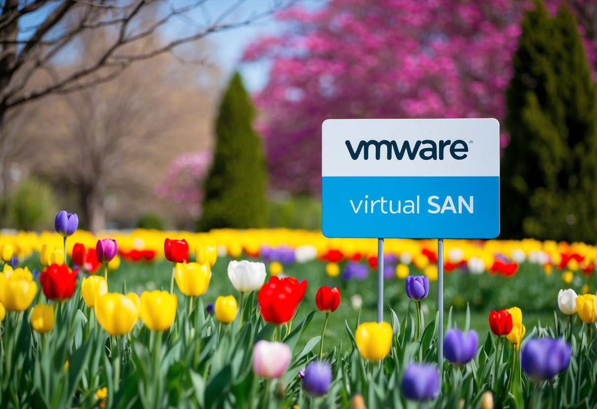 A colorful spring garden with blooming flowers and a sign promoting VMware Virtual SAN