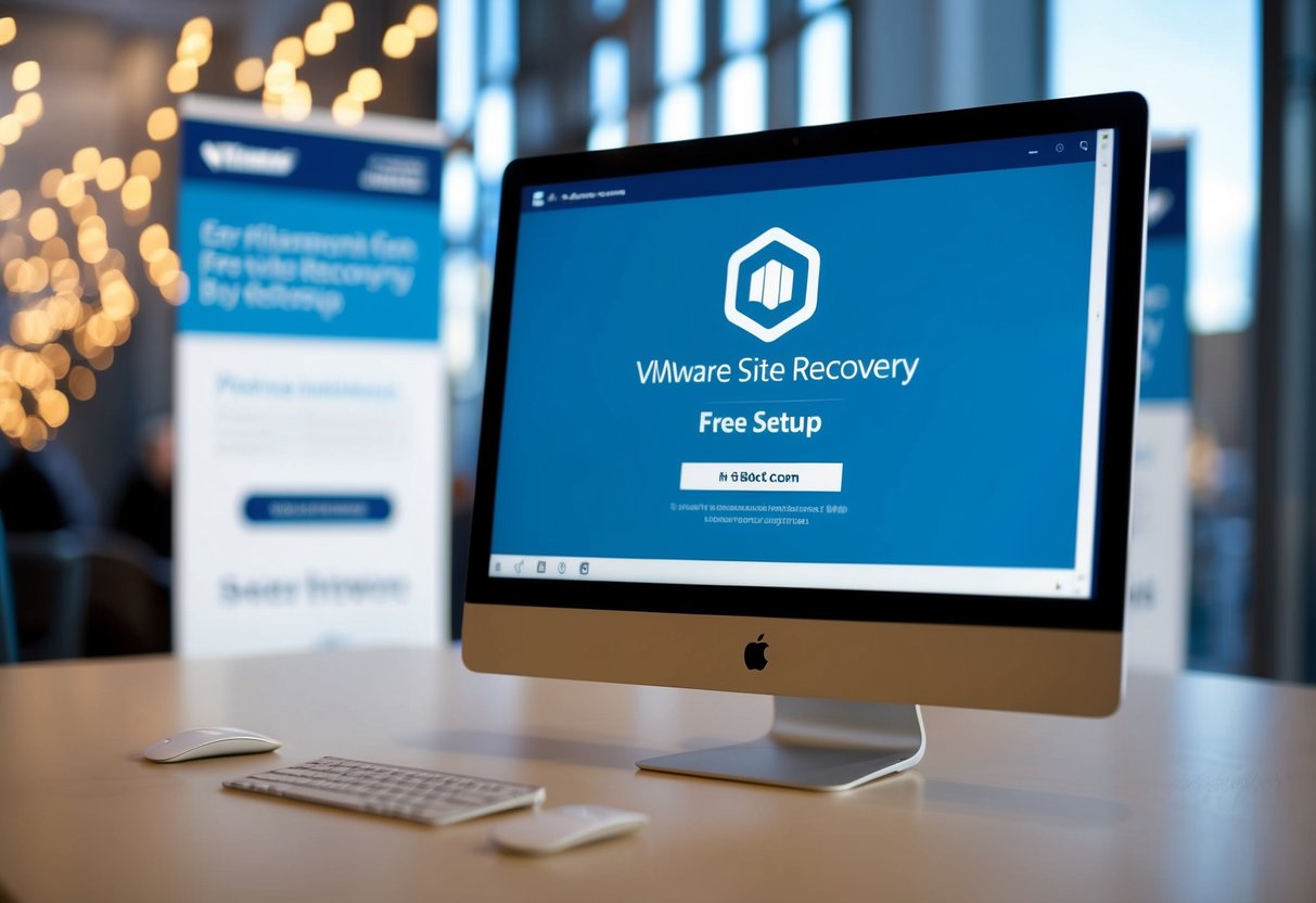 A computer screen displaying the VMware Site Recovery Free setup interface with promotional banners in the background