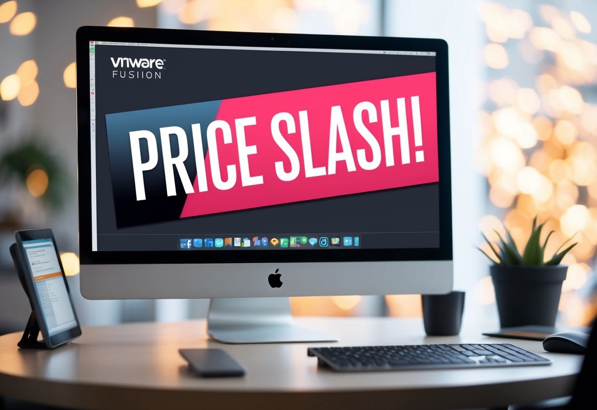 A computer screen displaying VMware Fusion Workstation with a large "Price Slash" promotion banner