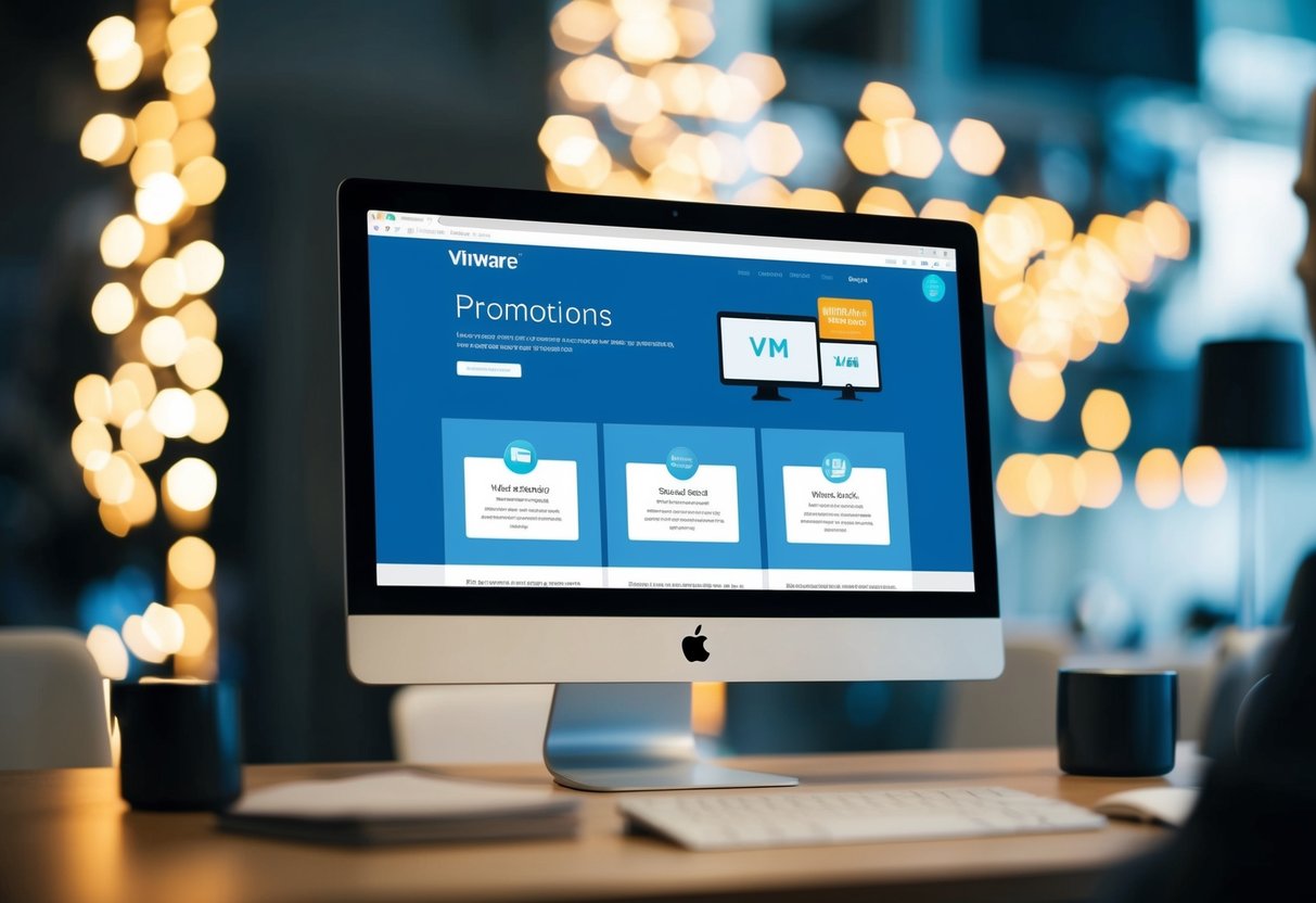 A computer screen displaying VMware promotions with a promotional banner and details on discounts and offers