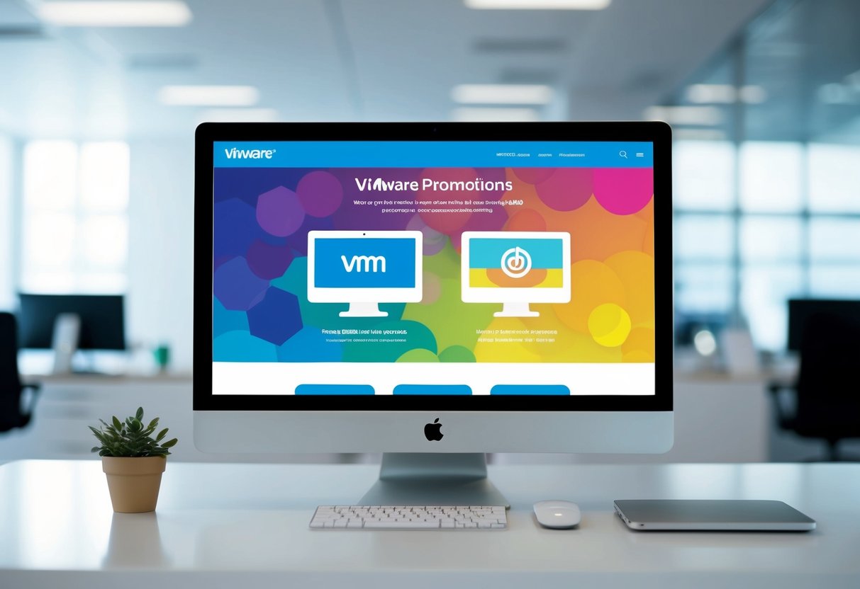 A computer screen displaying various VMware promotions with a colorful and eye-catching design, surrounded by a clean and modern office environment