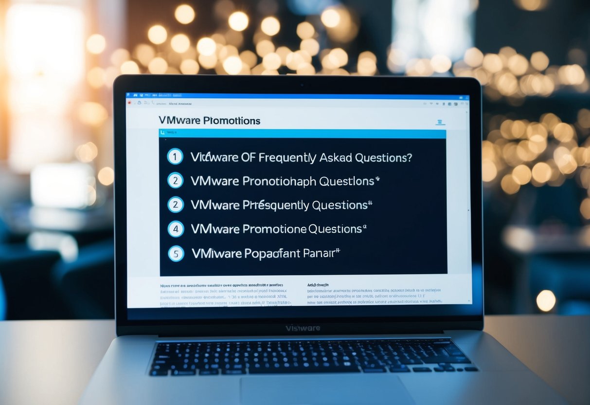 A computer screen displaying a webpage with a list of frequently asked questions about VMware promotions