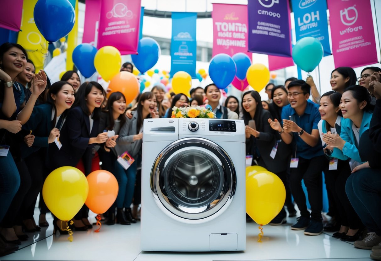 A washing machine surrounded by colorful banners and balloons, with a crowd of people eagerly looking at the promotional display