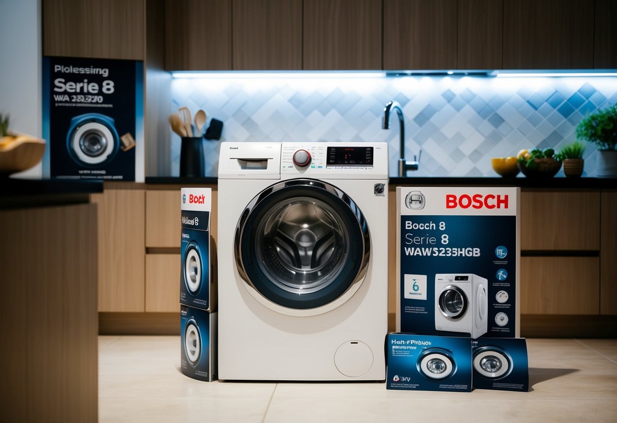 A modern kitchen with a Bosch Serie 8 WAW325H0GB washing machine prominently displayed, surrounded by promotional materials