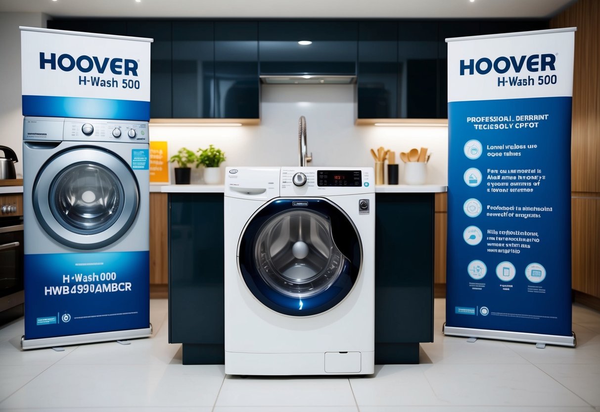 A modern kitchen with a Hoover H-Wash 500 HWB69AMBCR washing machine prominently displayed, surrounded by promotional banners and posters