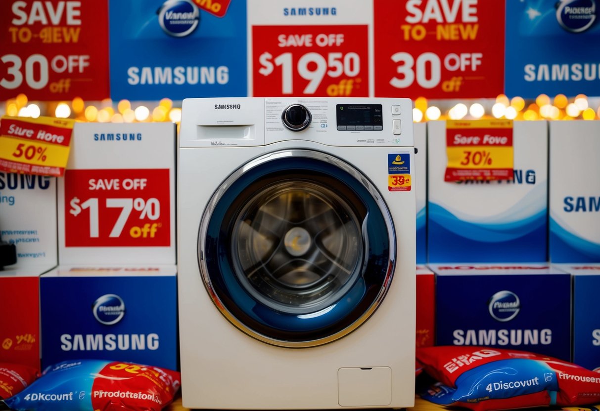 A Samsung washing machine surrounded by promotional banners and discounts