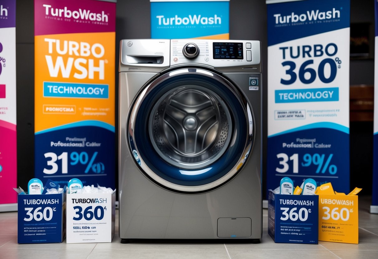 A modern, sleek washing machine with TurboWash 360 technology surrounded by promotional banners and discounts