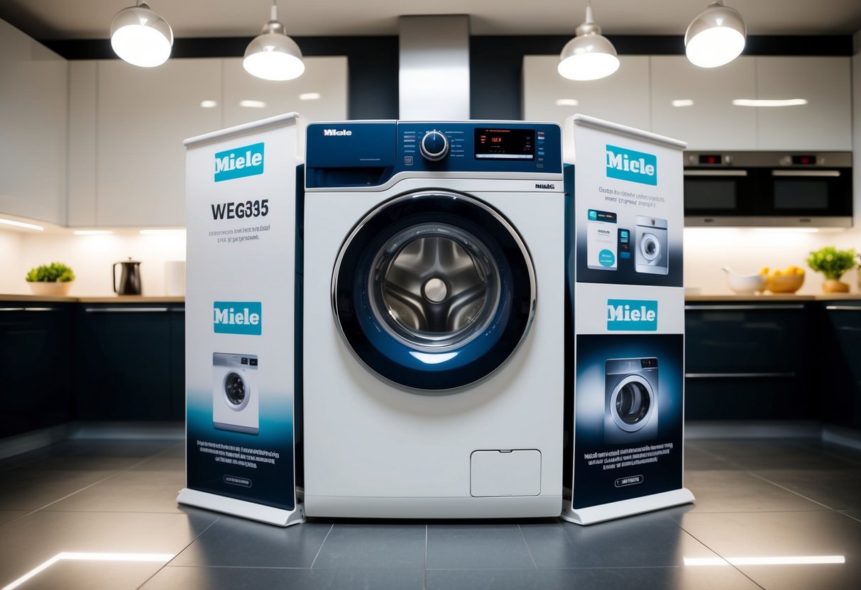 A modern kitchen with a Miele WEG365 washing machine prominently displayed, surrounded by promotional materials and bright lighting