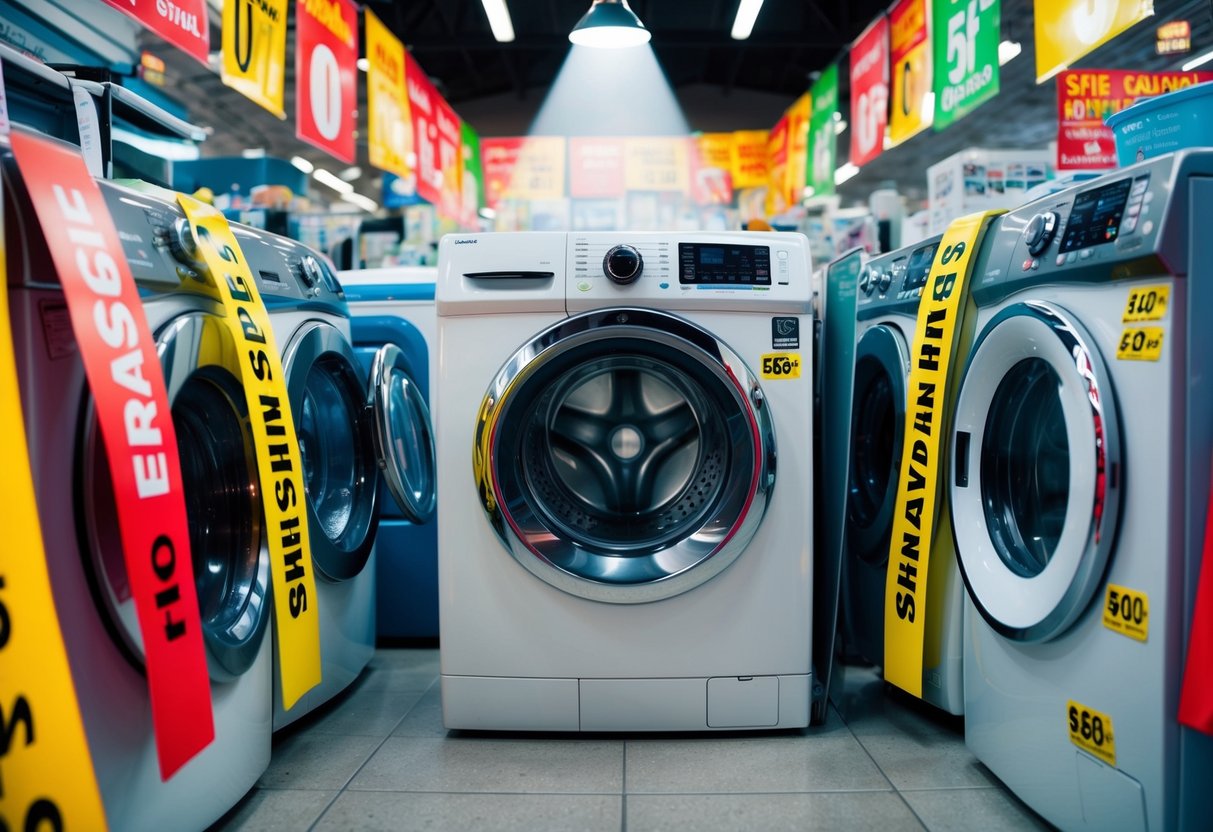 A washing machine surrounded by colorful banners and discount stickers, with a spotlight shining on it in a crowded appliance store