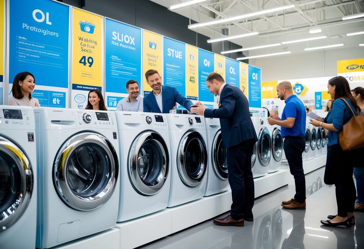 A row of sleek, modern washing machines on display with bright promotional signs and banners surrounding them. Customers eagerly comparing features and prices