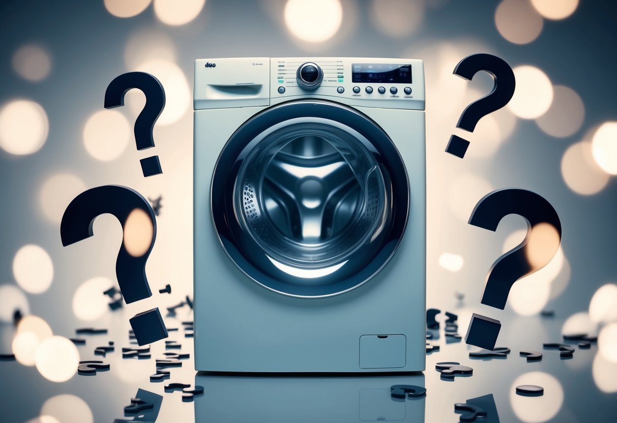 A washing machine surrounded by question marks and promotional banners