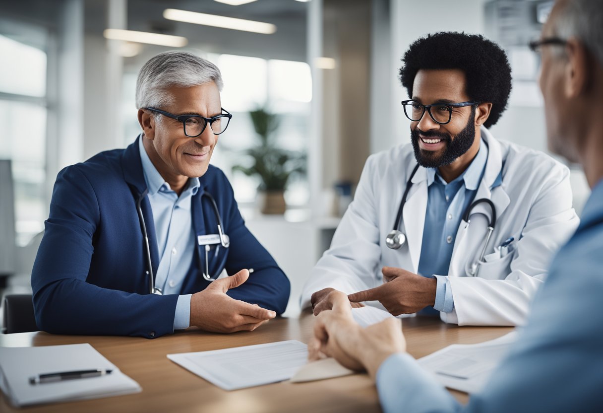 A doctor discussing various prostate cancer treatment options with a patient, while pointing to a comprehensive guide on a desk