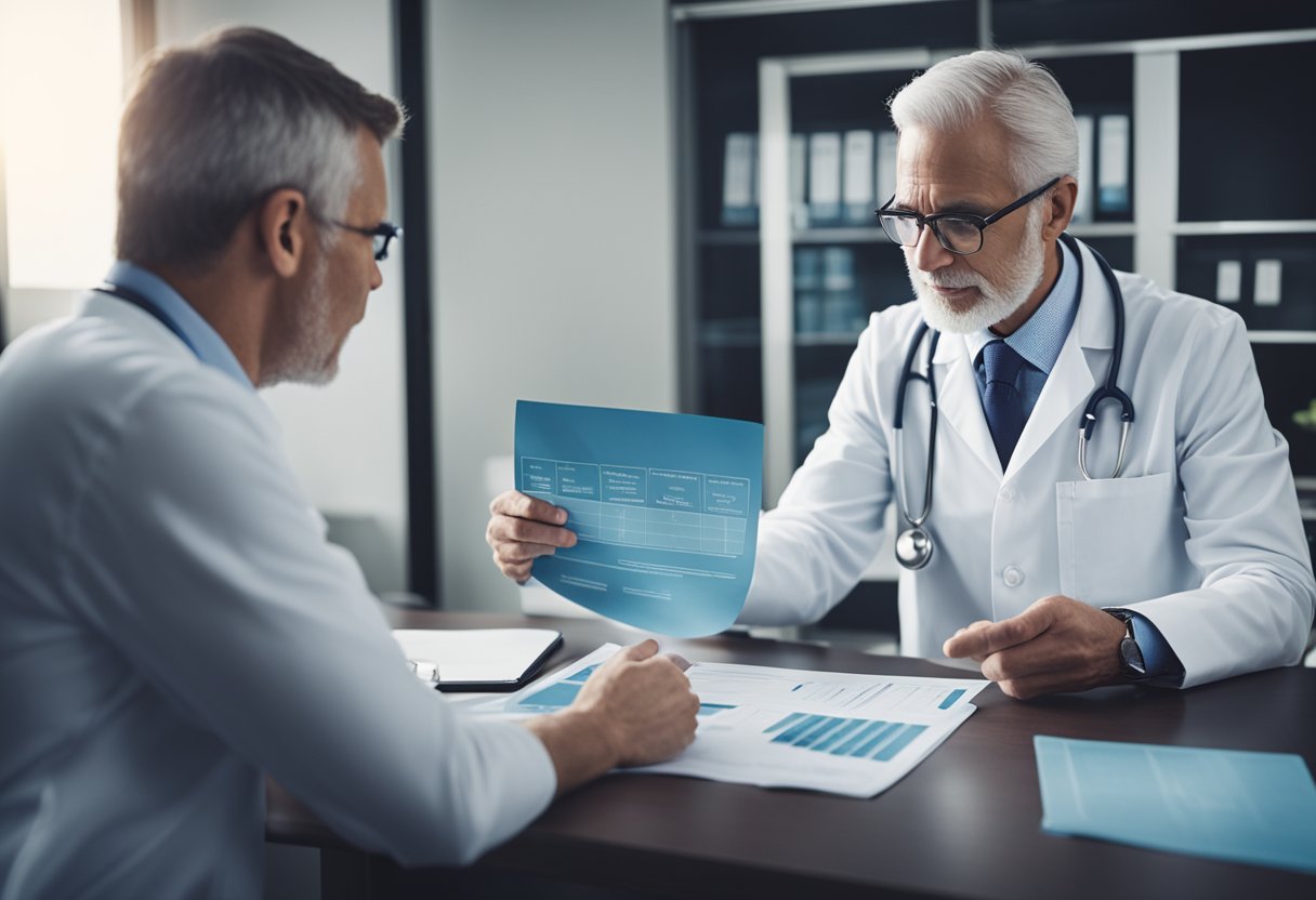 A doctor discussing treatment options with a patient, pointing to a chart of prostate cancer treatments