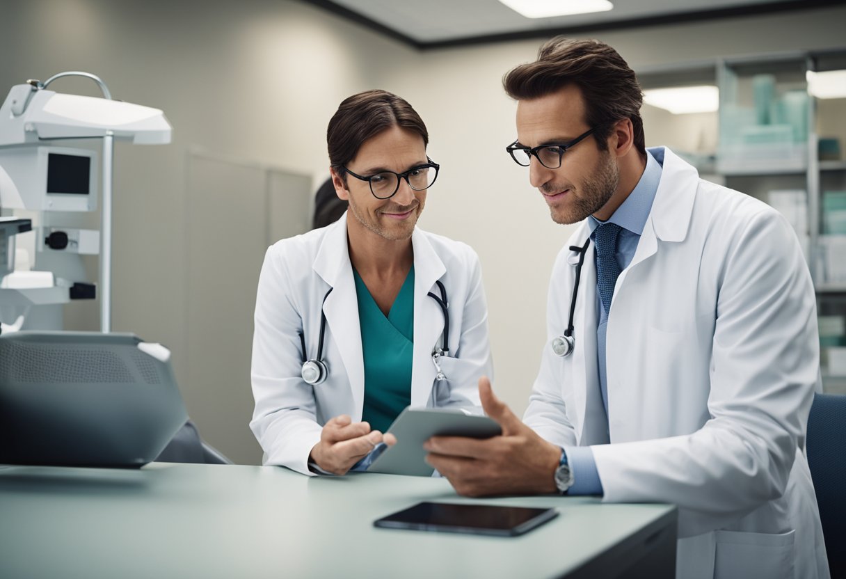 A doctor in a lab coat discusses radiation therapy options with a patient in a modern medical office