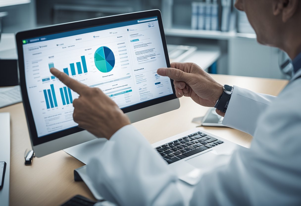 A doctor discussing various prostate cancer treatments with a patient, pointing to a comprehensive guide on a computer screen