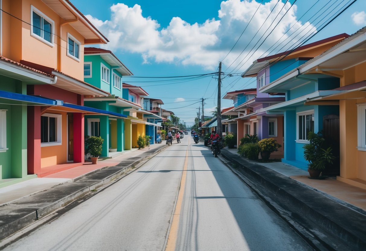 A bustling Cebu street lined with colorful rental properties and busy real estate agents