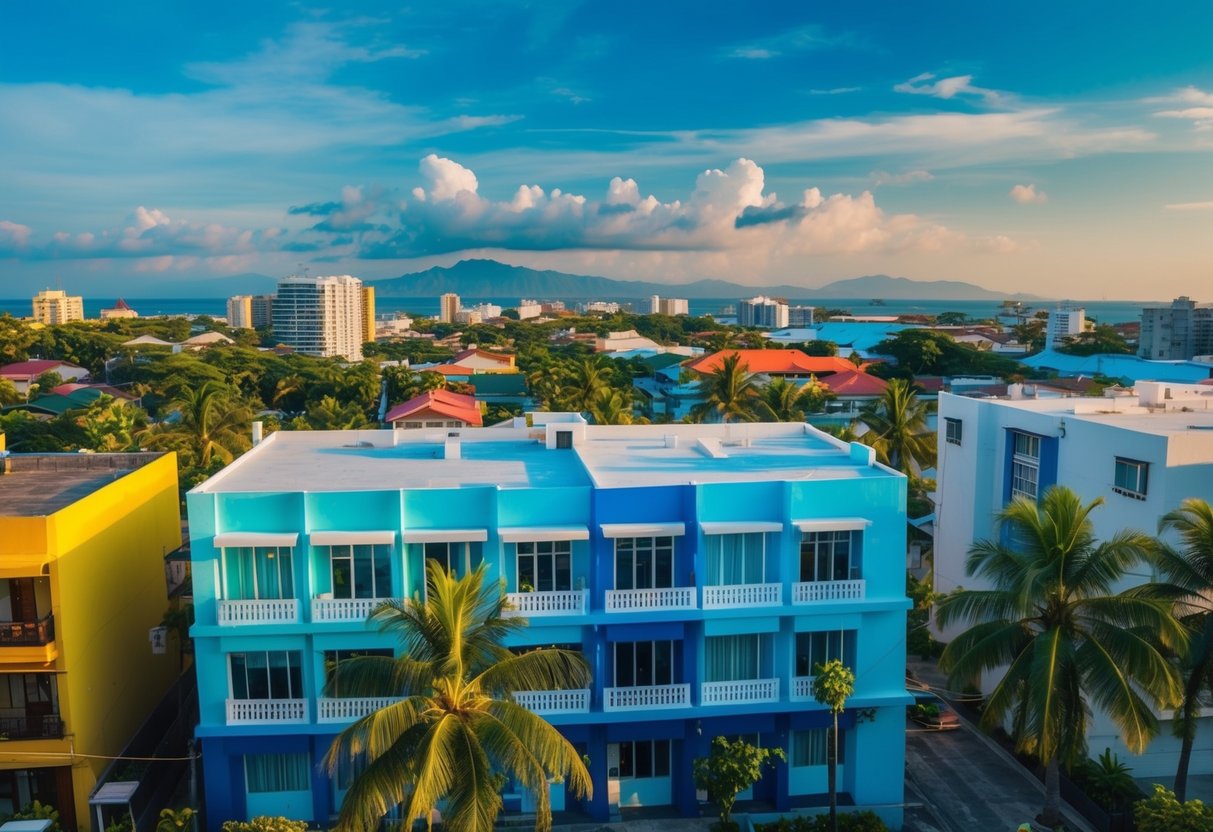 A vibrant cityscape of Cebu with colorful buildings and palm trees, showcasing the excitement of renting a property in the area