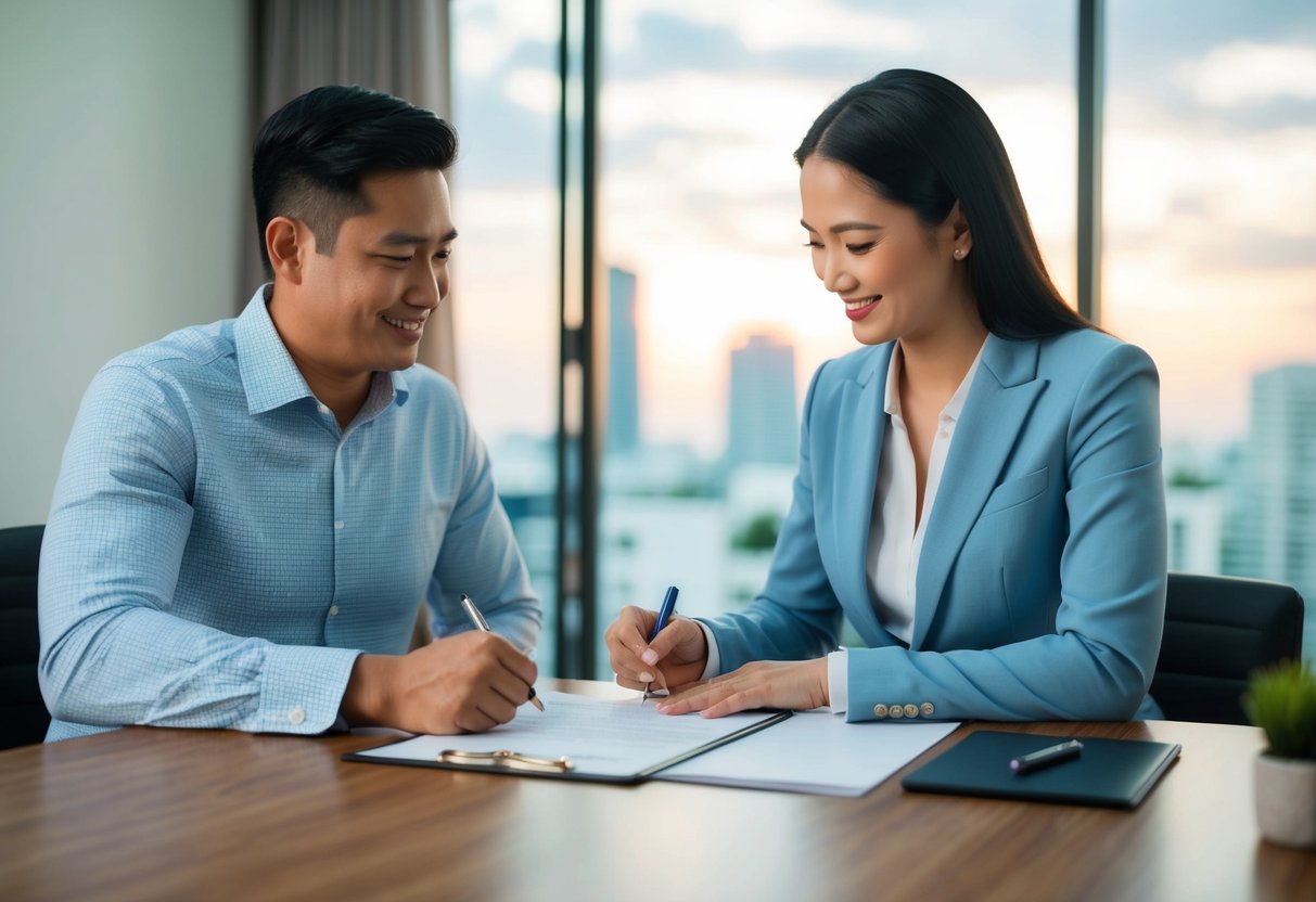 A tenant signing a lease agreement with a landlord in a Cebu property office