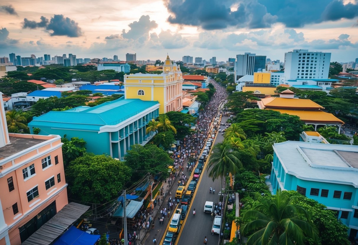 A vibrant Cebu cityscape with colorful buildings and lush greenery, a mix of modern and traditional architecture, and bustling streets filled with people and vehicles