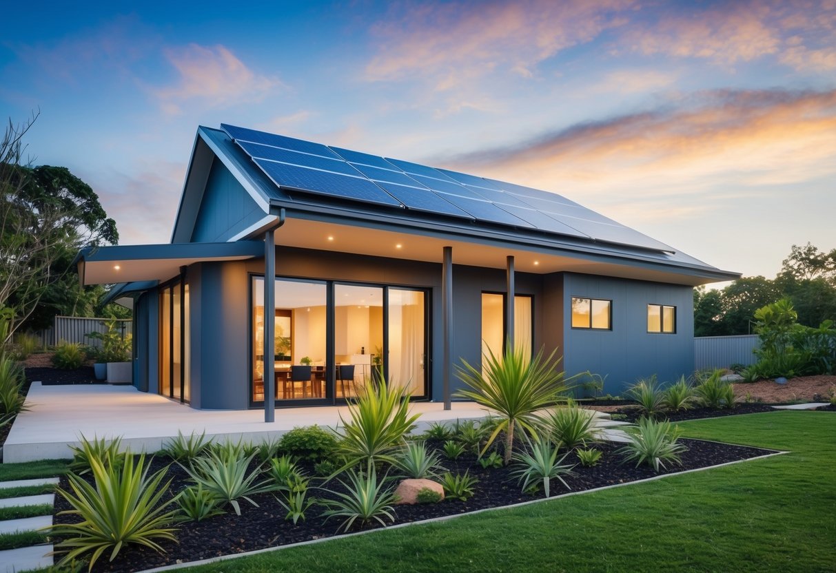 A modern, eco-friendly house with solar panels, a rainwater harvesting system, and a lush garden with native plants