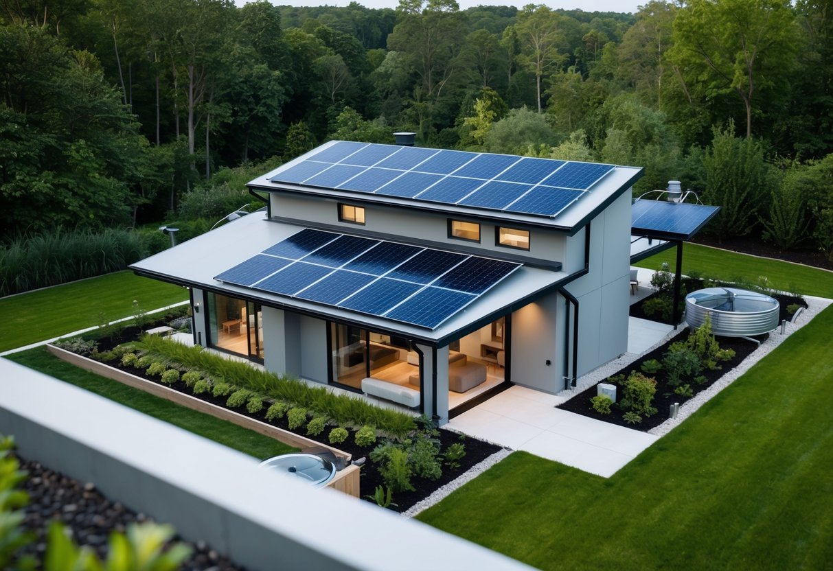 A modern, eco-friendly house with solar panels, a rainwater harvesting system, and a lush garden, surrounded by greenery and clean energy sources