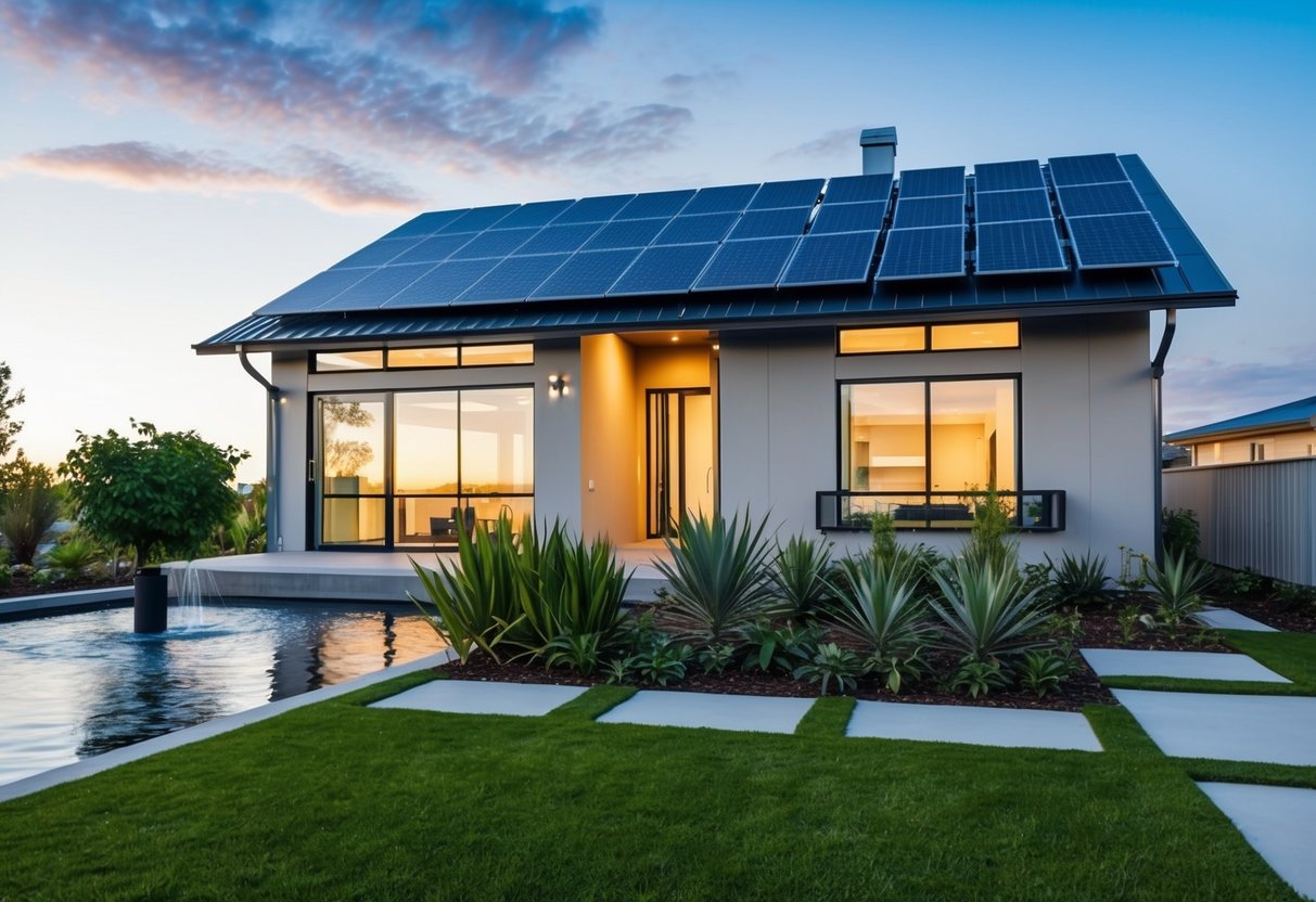 A modern home with solar panels, a rainwater collection system, and a lush garden with native plants