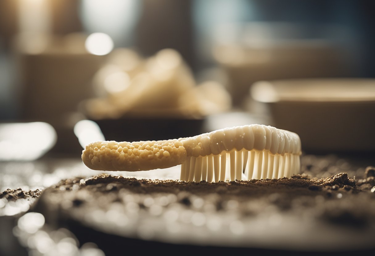 A close-up of a miswak brushing against a decayed tooth, surrounded by bacteria and plaque