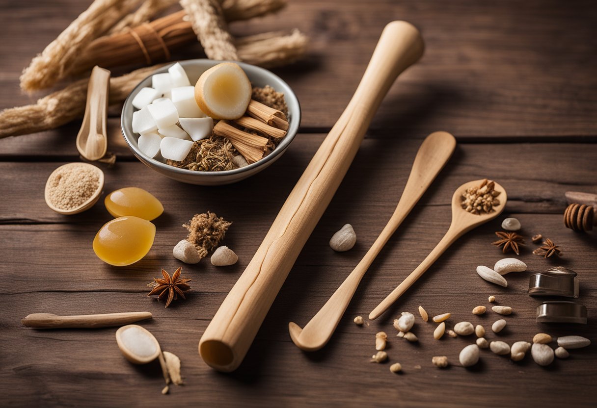 A miswak stick surrounded by various natural remedies and dental tools on a wooden table