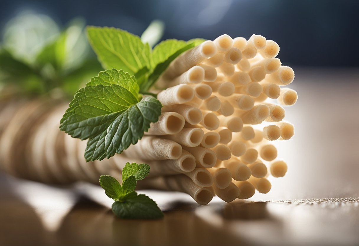 A miswak stick held near a mouth with a foul odor, then replaced with a fresh mint leaf, demonstrating the removal of bad breath