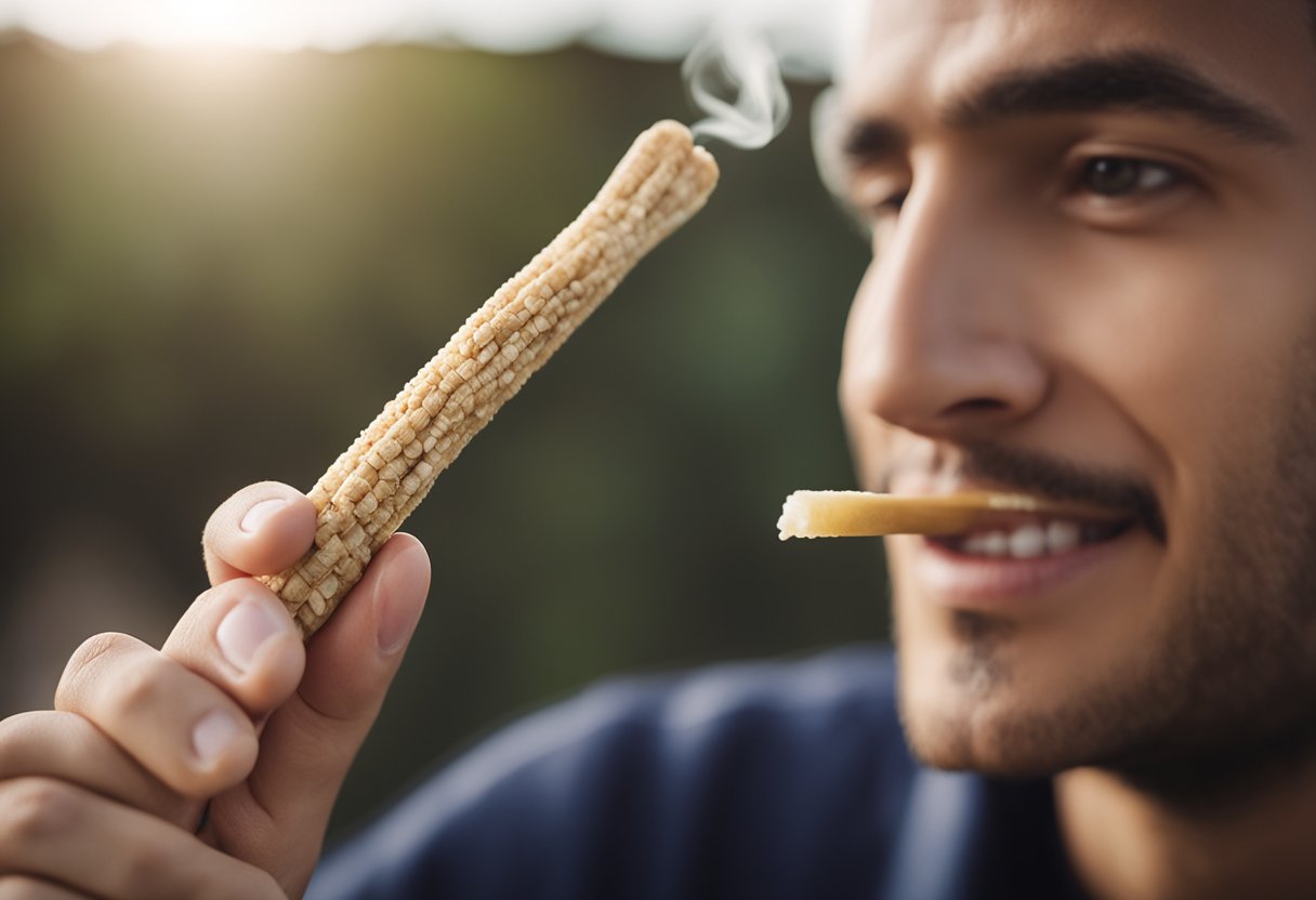 A person holding a miswak stick and demonstrating how it is used for oral hygiene, with a focus on the process of removing bad breath