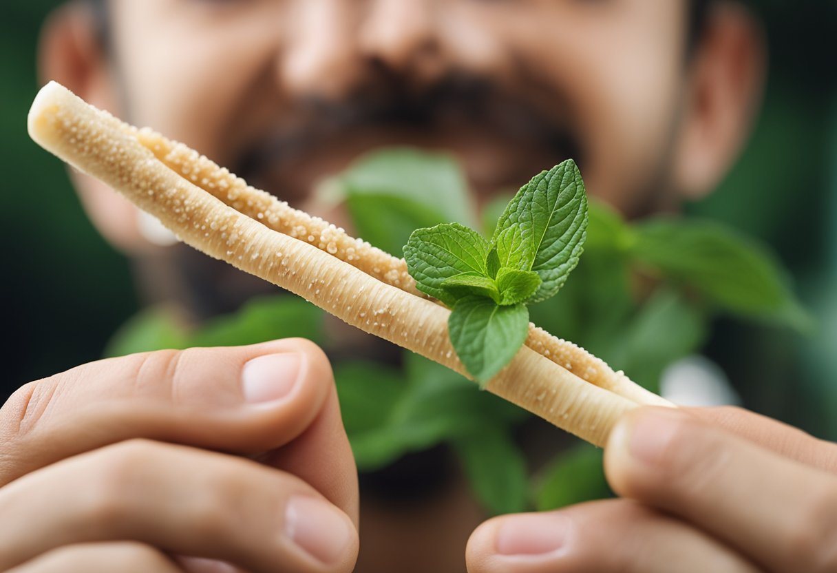 A hand holding a miswak, surrounded by fresh mint leaves and a sparkling smile, indicating the benefits of miswak in oral hygiene